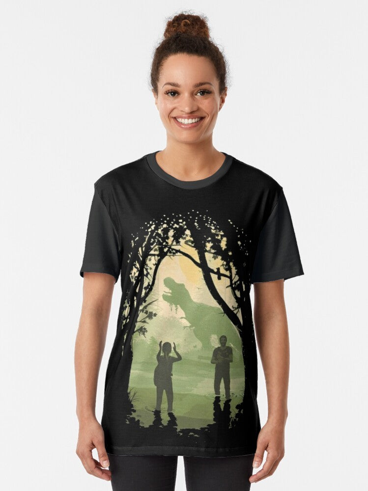 The Last of Us Part II Graphic T-Shirt for Gamers featuring Ellie and Joel in a post-apocalyptic setting - Women