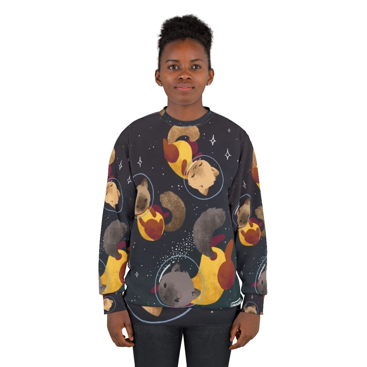 Space cats cosmic sweatshirt with galaxy print design - women