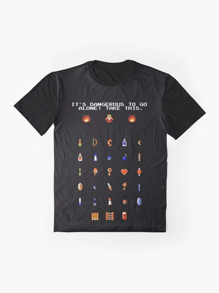 Retro Zelda gaming t-shirt featuring the iconic "It's Dangerous to Go Alone!" quote and 8-bit graphics of Link, Zelda, and Ganon. - Flat lay