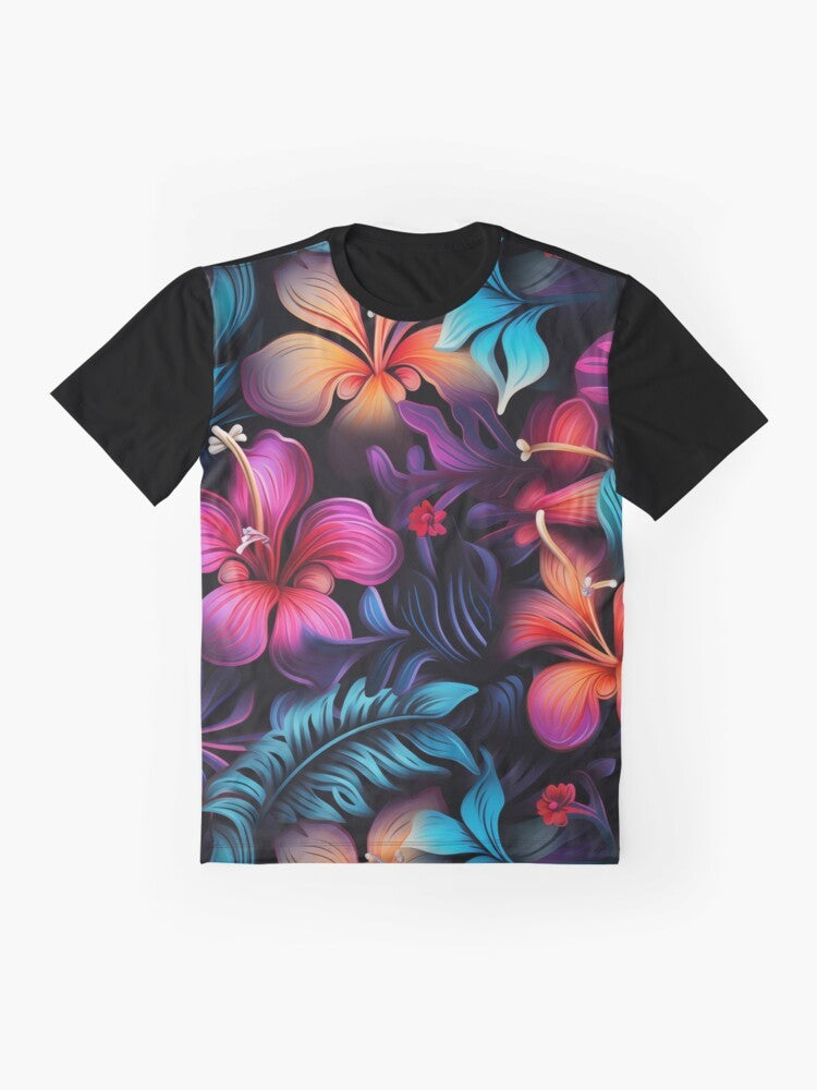 A graphic t-shirt featuring a tropical Hawaiian-inspired pattern with bioluminescent flowers and plants. - Flat lay