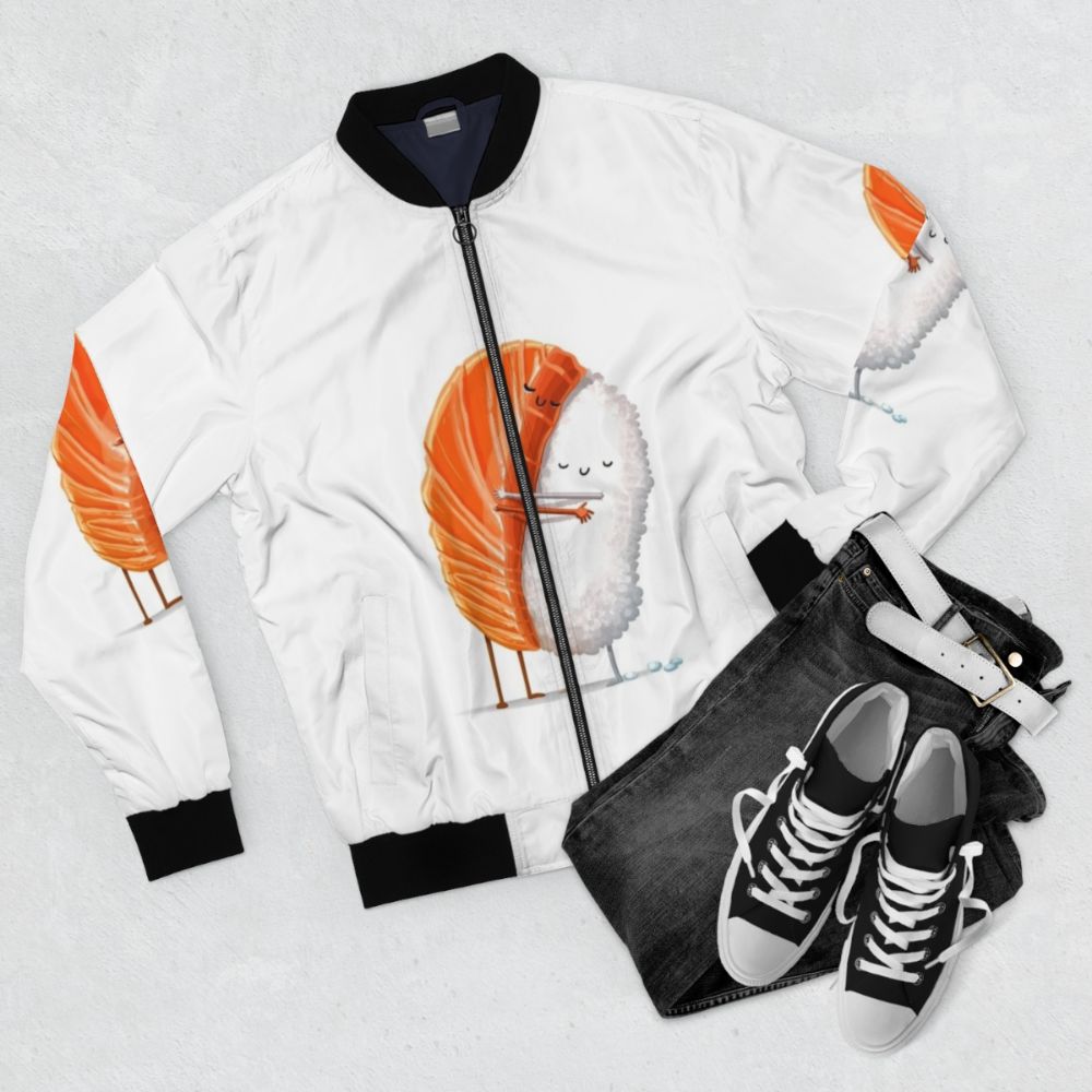 Sushi-themed bomber jacket with a hug design, perfect for Japanese food and anime fans - Flat lay