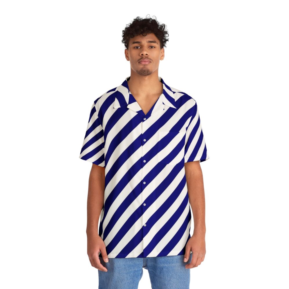 Blue and White Diagonal Stripe Hawaiian Shirt - People Front