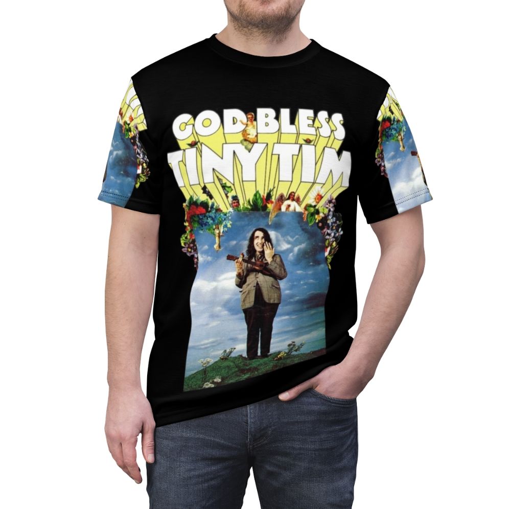 Vintage-inspired graphic t-shirt featuring the legendary crooner Tiny Tim and the classic song "God Bless Tiny Tim". - men front