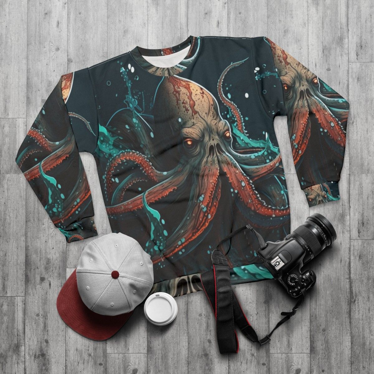 Mythical sea creatures sweatshirt with fantasy ocean life design - flat lay