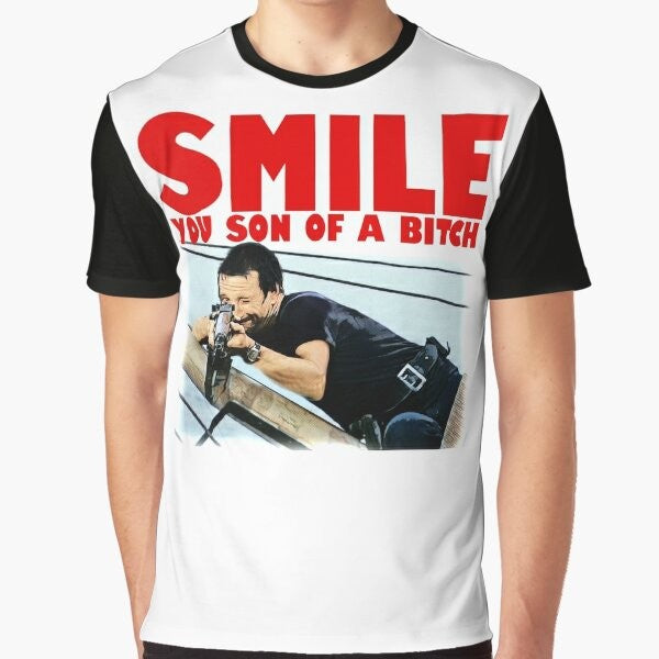 Graphic t-shirt with a retro Jaws movie-inspired design featuring a shark and the quote "Smile You Son of a Bitch"