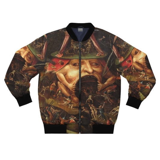 Bomber jacket featuring artwork from Hieronymus Bosch's "The Garden of Earthly Delights" depicting the hellish scenes of the underworld.