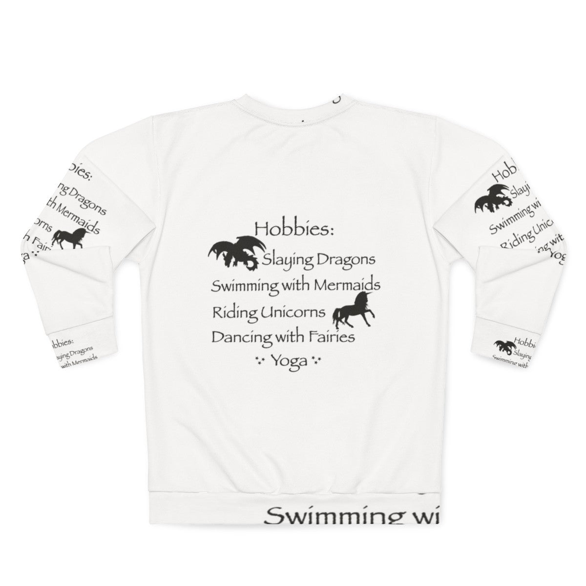 Magical hobbies sweatshirt featuring fantasy elements like dragons, mermaids, and fairies - Back