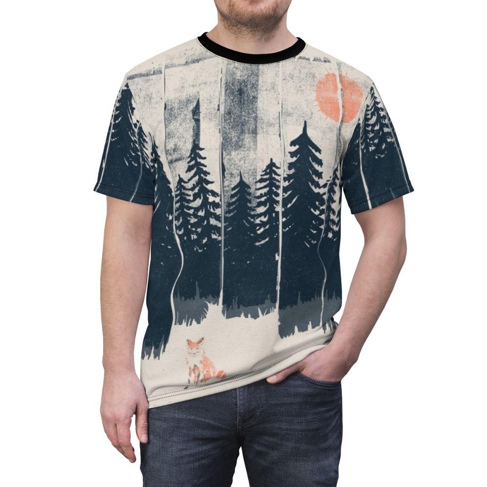 Illustration of a fox in a natural forest setting on a t-shirt - men front