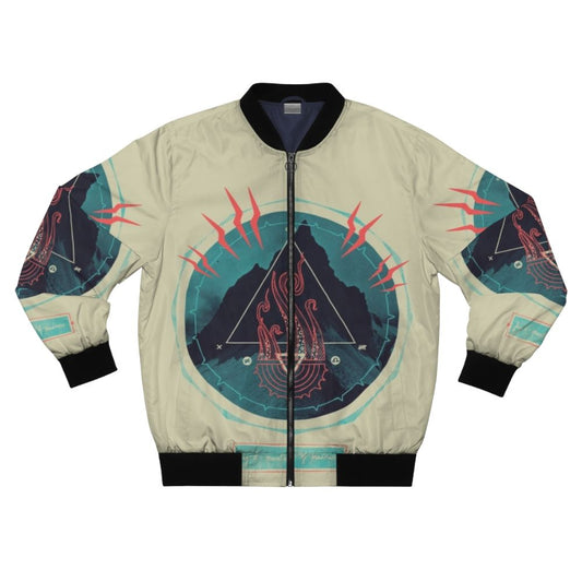 Lovecraft-inspired bomber jacket featuring lightning bolt, tentacle, and occult symbols against a dark, abstract background