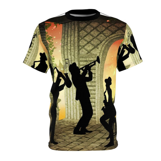 A vintage-inspired t-shirt featuring a jazz music design with saxophone, piano, and other instruments.