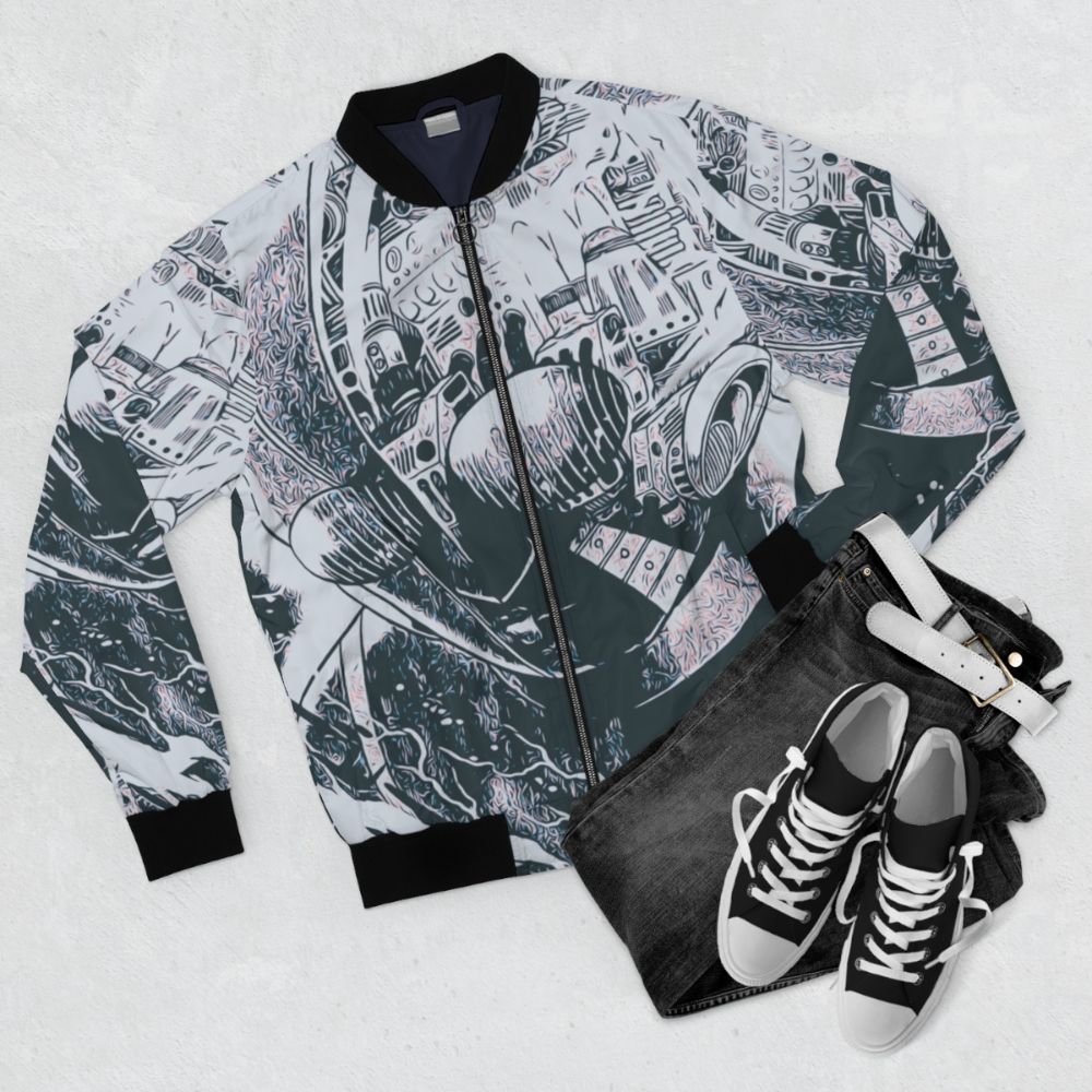 Kikaider Bomber Jacket - Japanese Superhero Metal Hero Anime Jacket - Flat lay