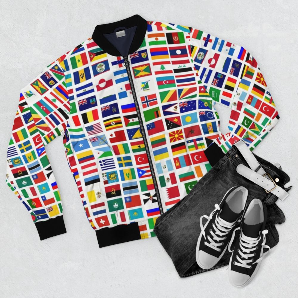 Colorful bomber jacket with flags of the world design, a stylish option for the global traveler - Flat lay