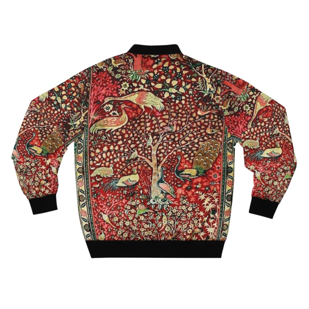 Vintage Persian rug bomber jacket with nature pattern featuring birds, trees, and flowers - Back