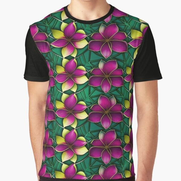 Colorful plumeria flower graphic on a funky Hawaiian tropical t-shirt