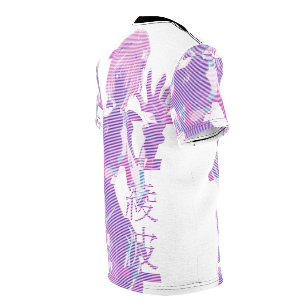 Vaporwave-inspired all-over-print t-shirt with Rei Ayanami glitch art design - men right