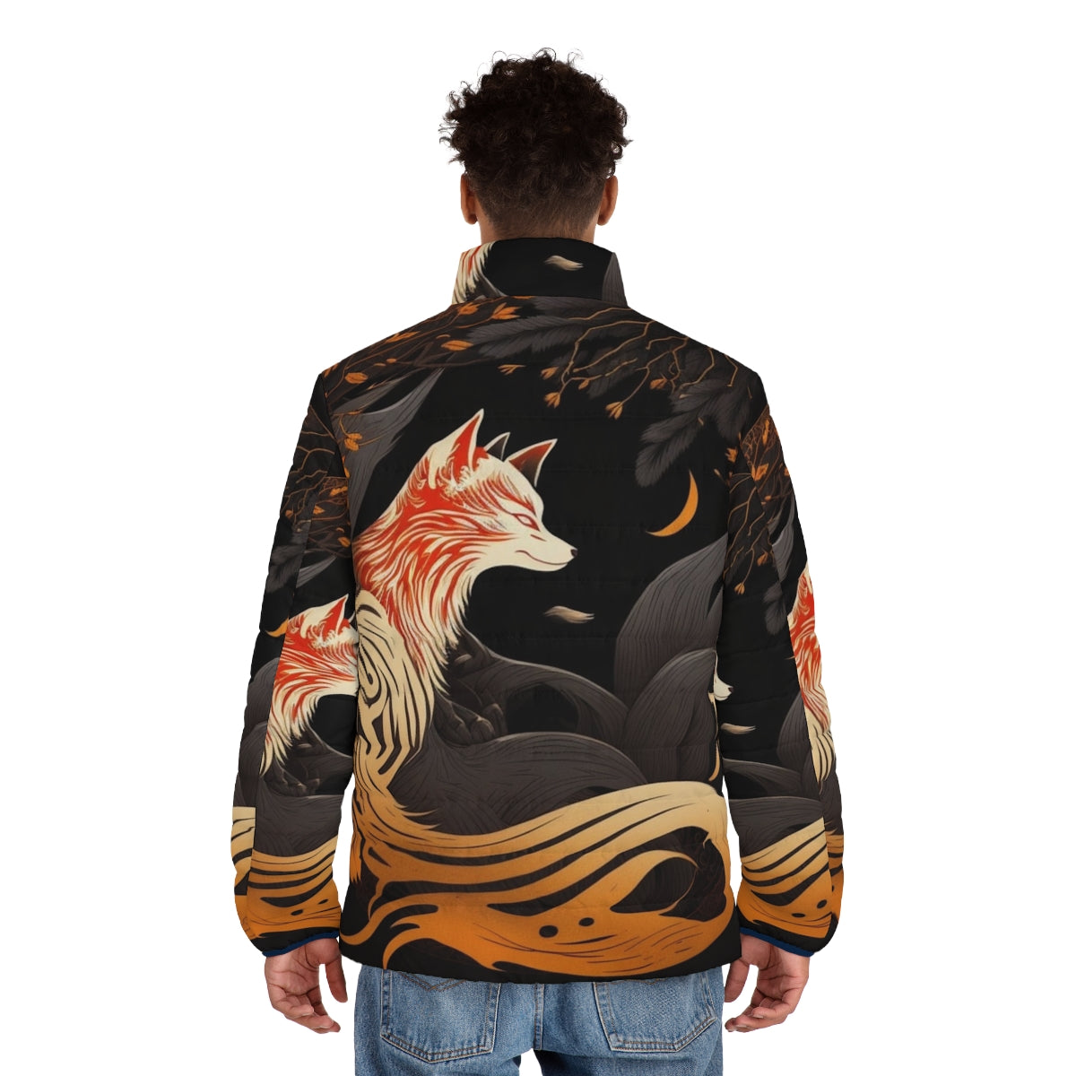 Kitsune Japanese art-inspired puffer jacket with a fox emblem design - men back