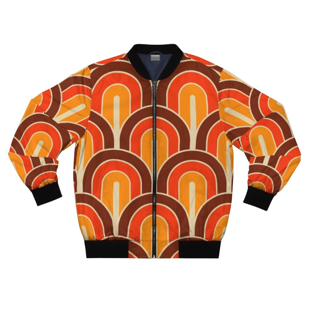 Retro geometric bomber jacket with a mix of square and circle patterns in a colorful, 60s 70s fashion style.