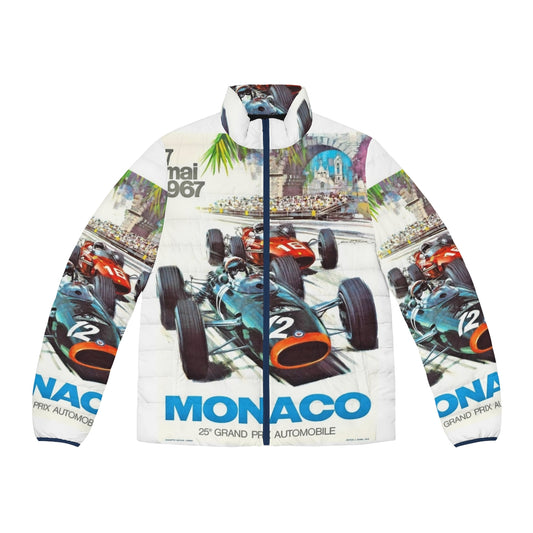 Vintage Monaco Grand Prix Racing Puffer Jacket featuring a 1967 racing poster design