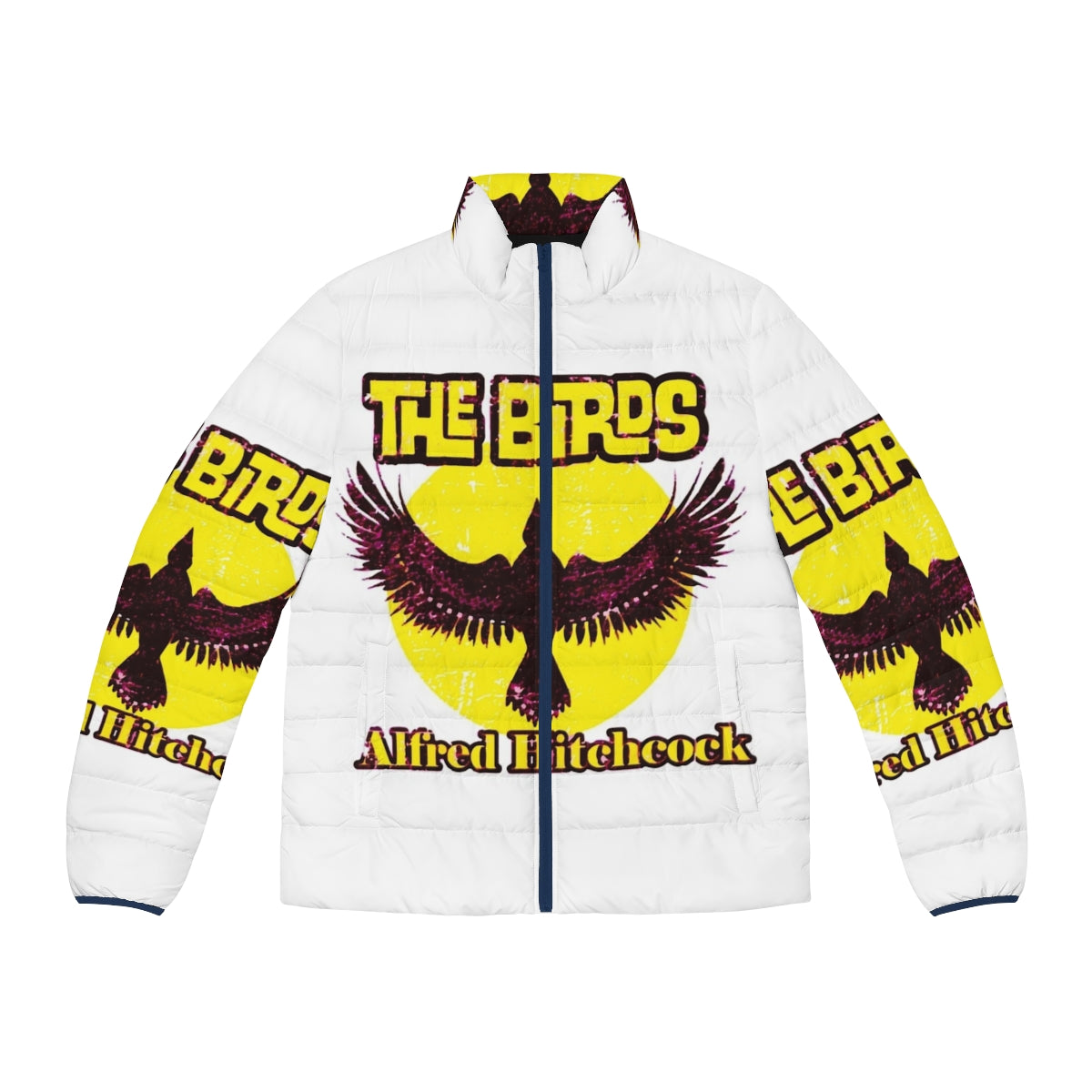 Alfred Hitchcock's The Birds puffer jacket featuring the director's iconic portrait