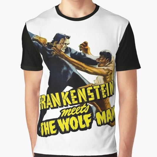 Vintage-style graphic t-shirt featuring Frankenstein and the Wolf Man, classic horror movie characters