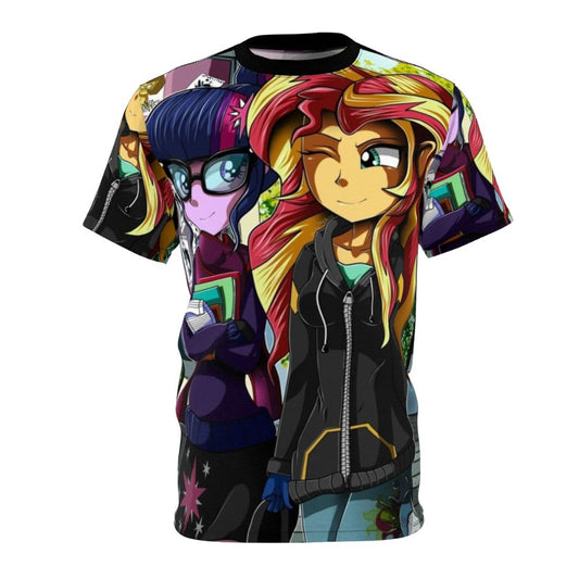 Cartoon-style t-shirt design featuring Twilight Sparkle and Sunset Shimmer from the MLP Equestria Girls animated series