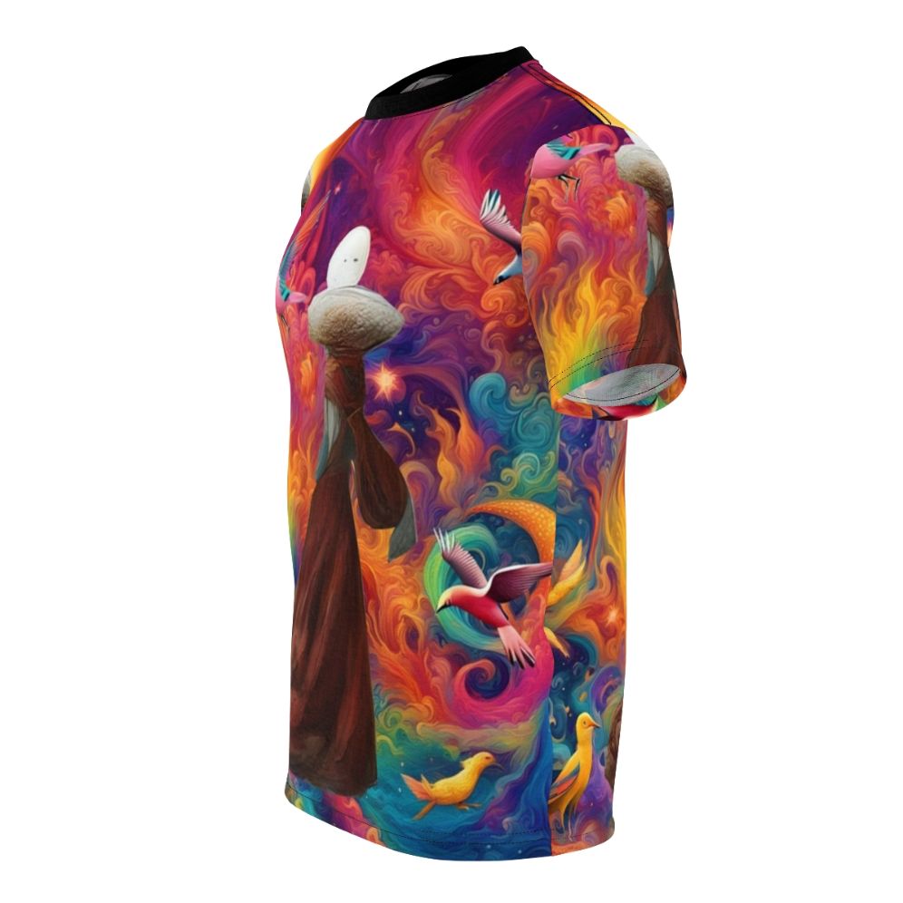 Dreamscape abstract t-shirt with a vibrant, surreal graphic design - men left