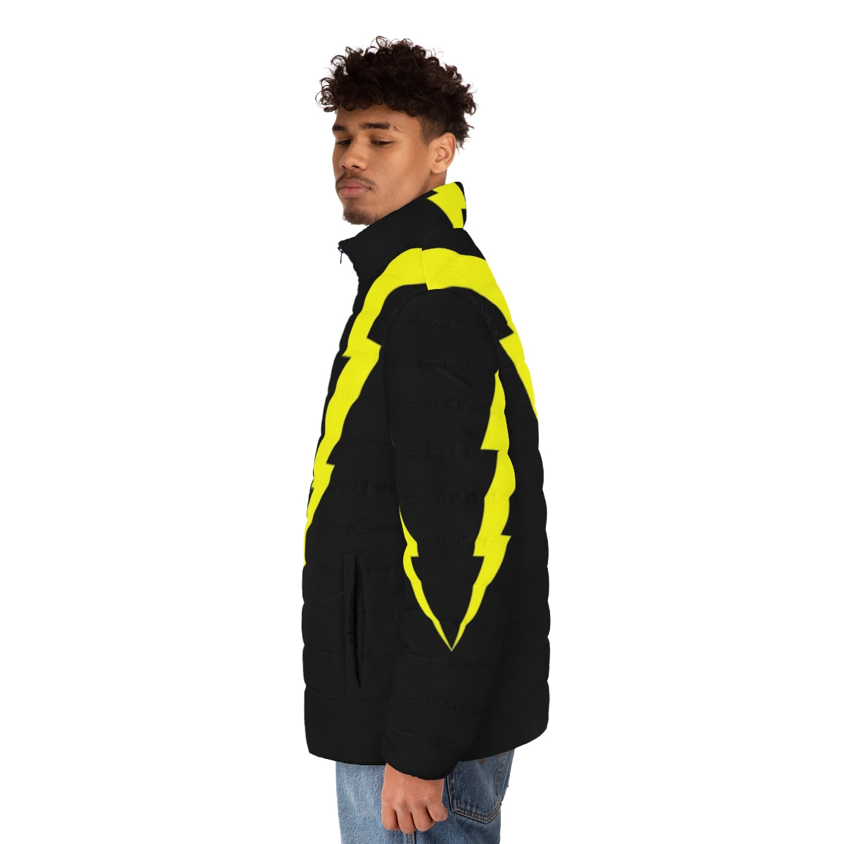 Electrifying lightning bolt puffer jacket with sci-fi inspired design - men side left