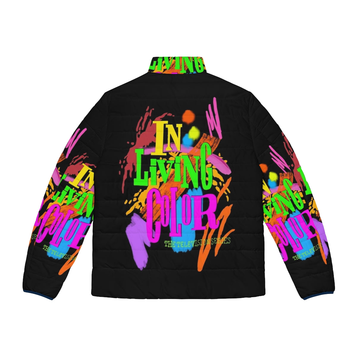 Vibrant 90's inspired puffer jacket featuring "In Living Color" branding - Back