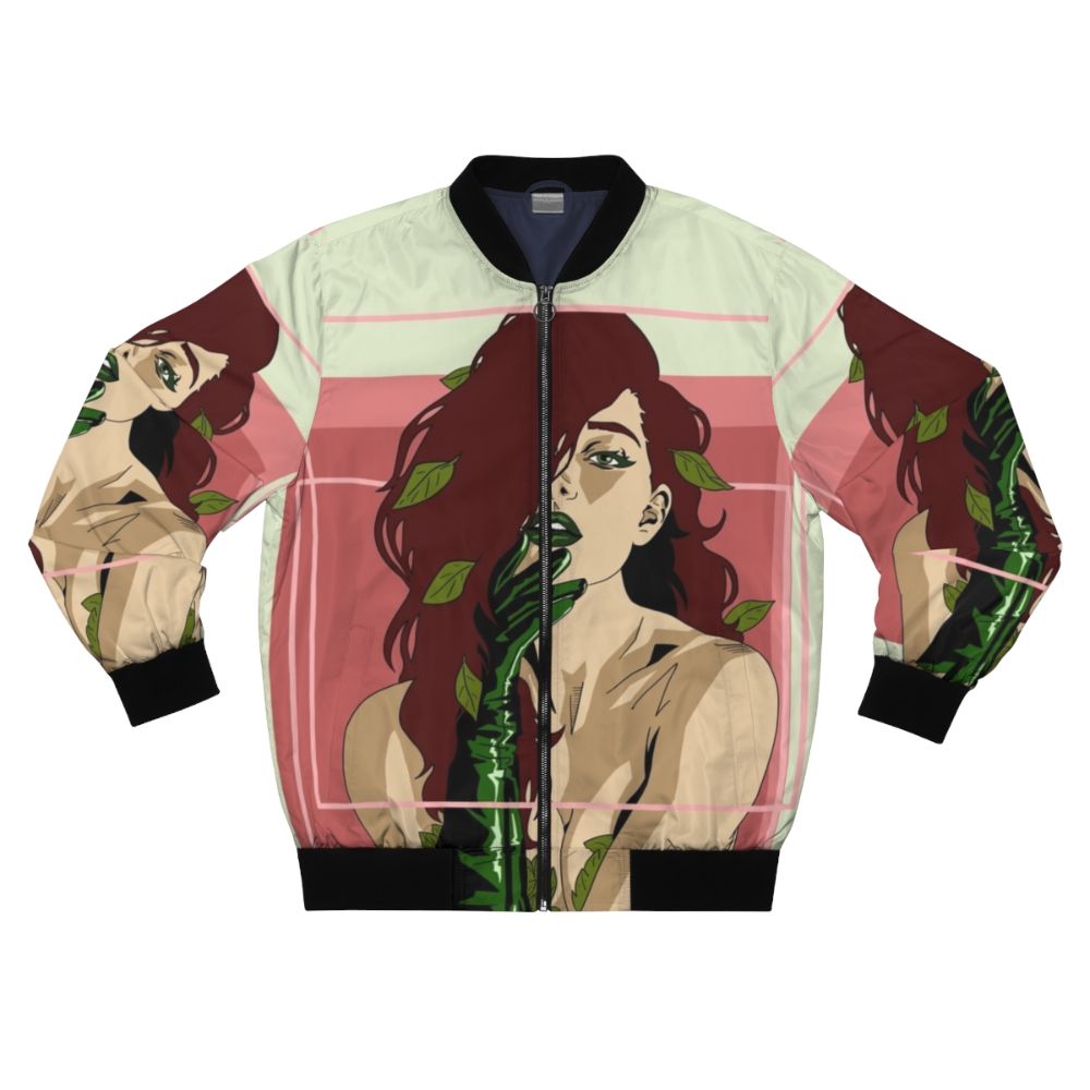 Eco-friendly poisonous bomber jacket featuring botanical floral prints