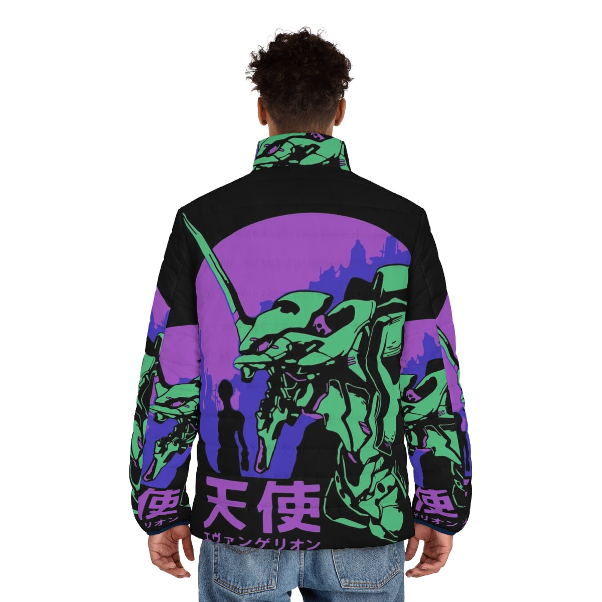 Neon Genesis Evangelion retro vintage puffer jacket with Unit 01 design - men back