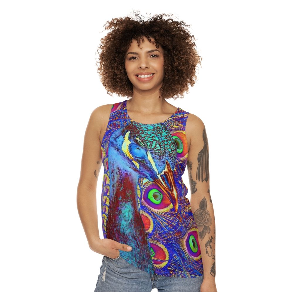 Peacock Unisex Tank Top featuring a colorful abstract peacock design - women