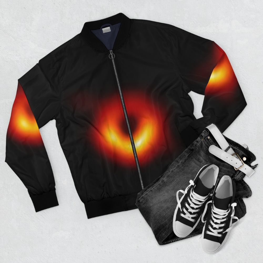 Black Hole M87 Bomber Jacket featuring a space-inspired design - Flat lay