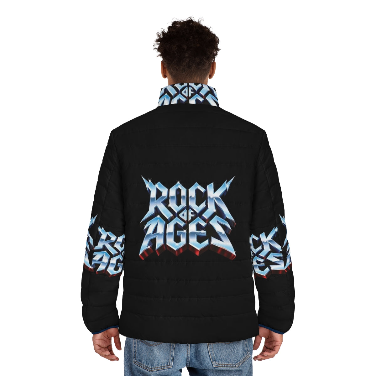 Metallic puffer jacket with a rock and heavy metal inspired design - men back