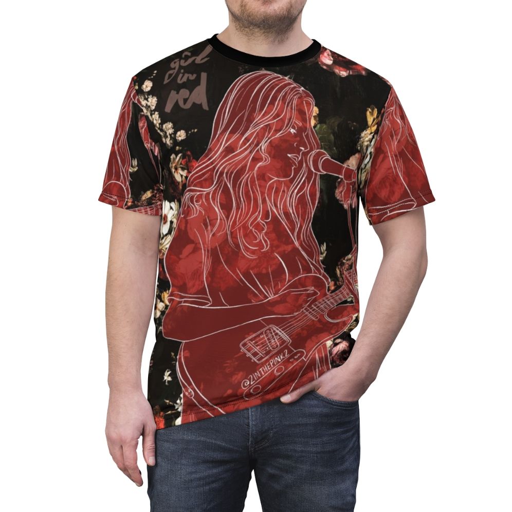 Vibrant floral design t-shirt featuring the girl in red music logo for LGBTQ+ fans - men front