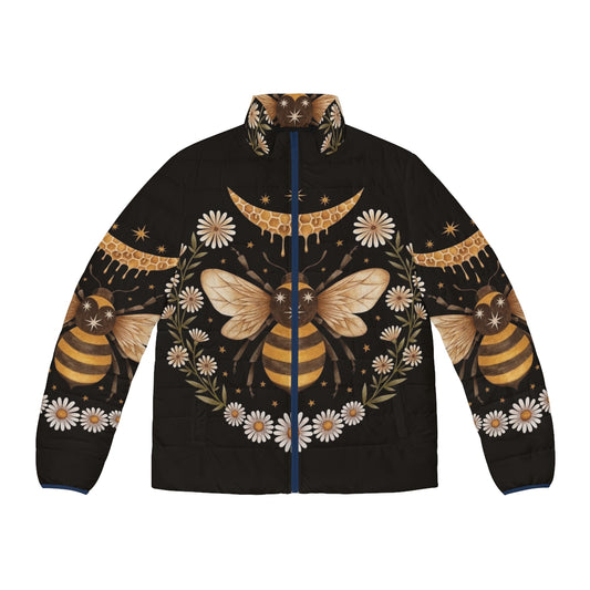 Cozy honeymoon puffer jacket featuring a bee, honey comb, and crescent moon design