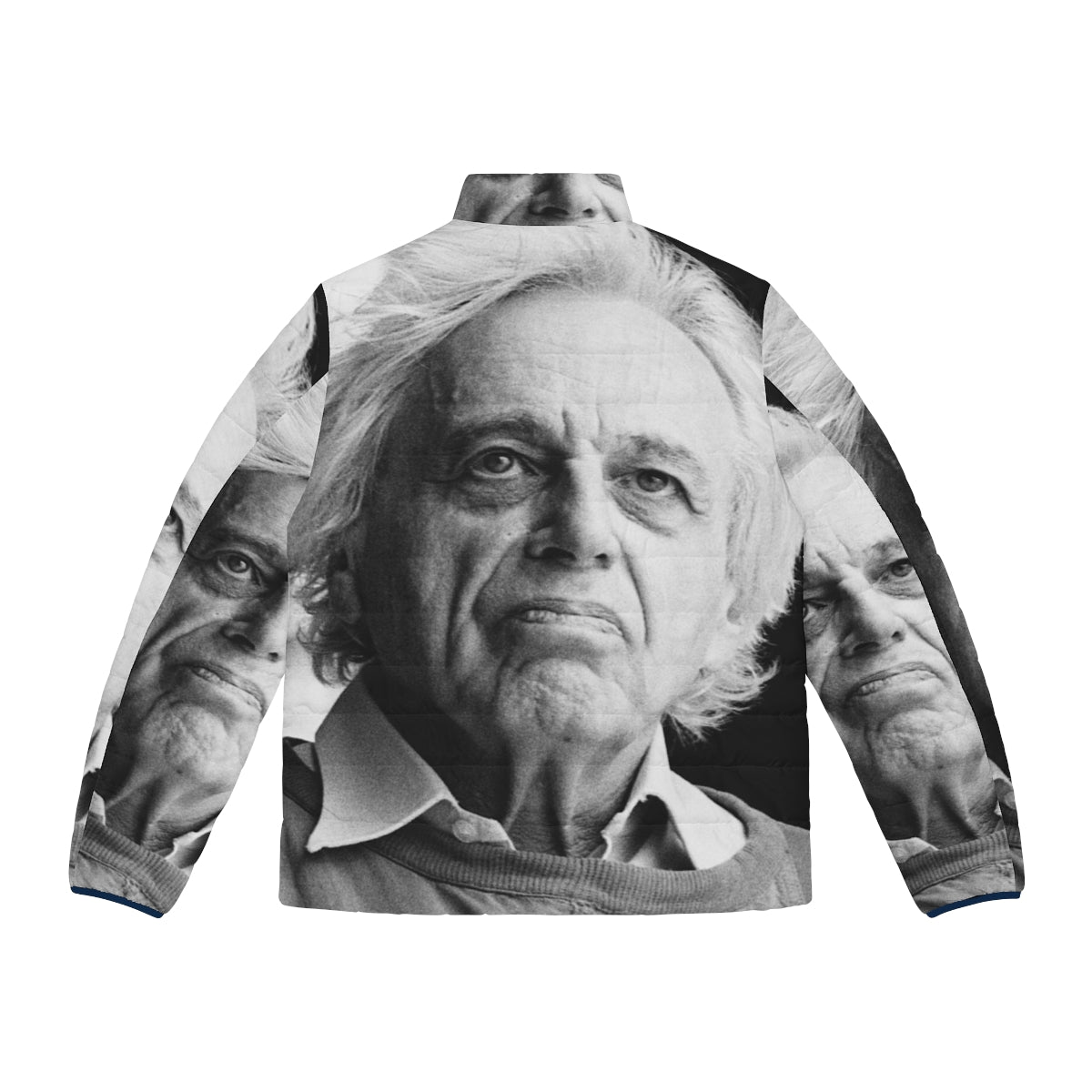 A stylish puffer jacket featuring the name and image of renowned classical composer György Ligeti - Back