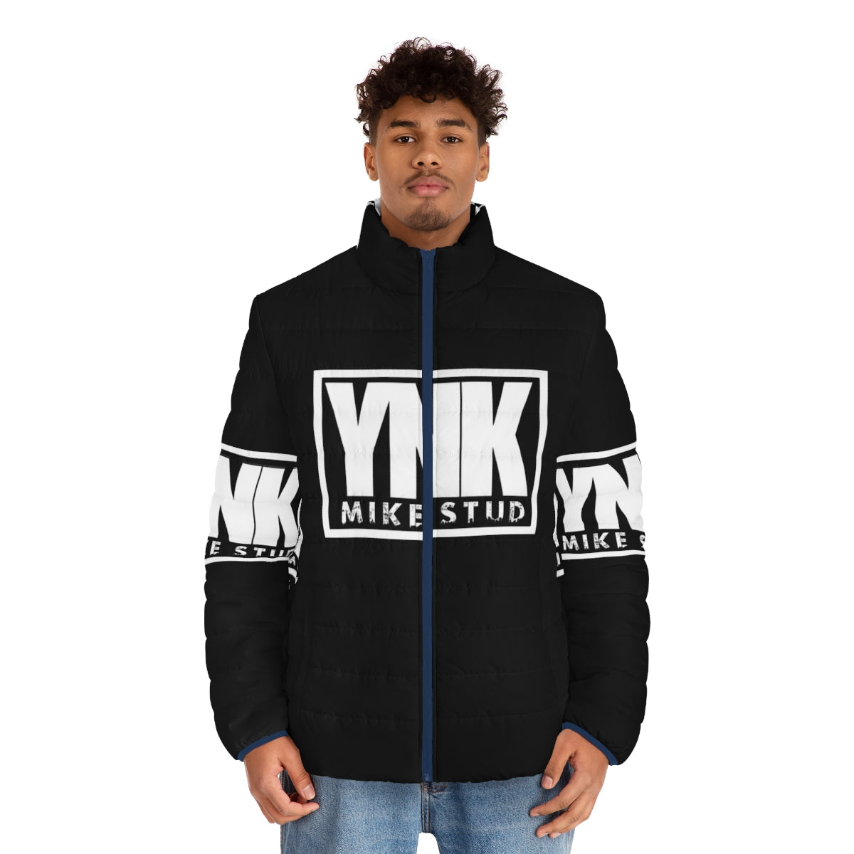 Ynk Mike Stud inspired white puffer jacket with fan art design - men front