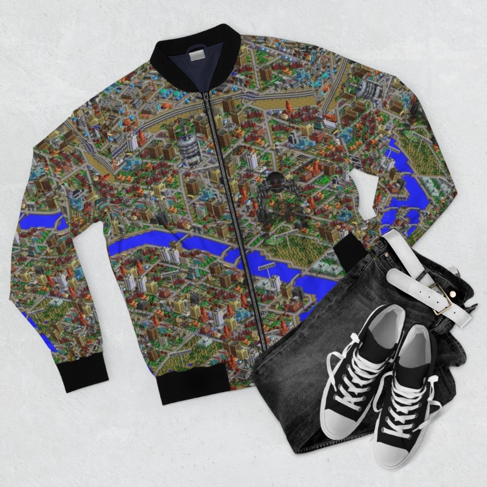 A retro-style bomber jacket featuring the iconic SimCity 2000 game logo and pixel art design. - Flat lay