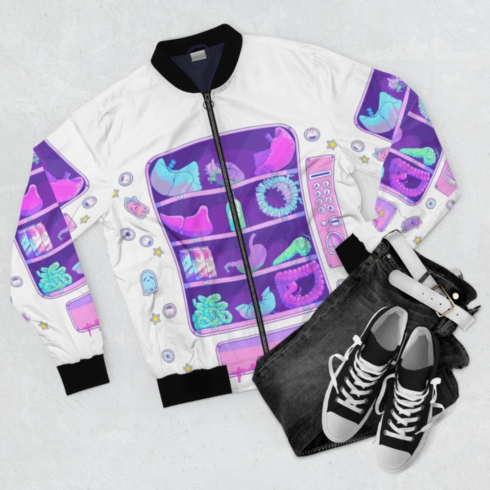 Pastel grunge style bomber jacket with creepy cartoon organs design - Flat lay