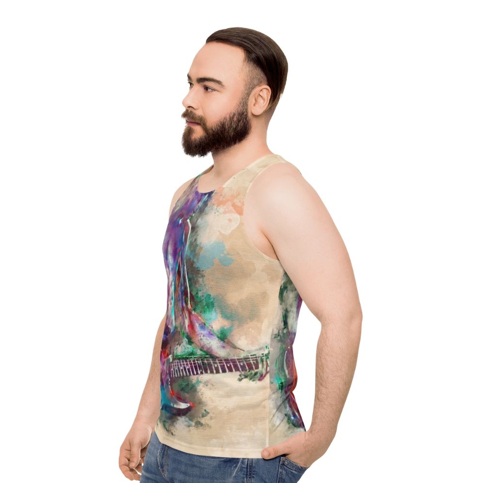 Vibrant guitar boy unisex tank top with watercolor art design - men side