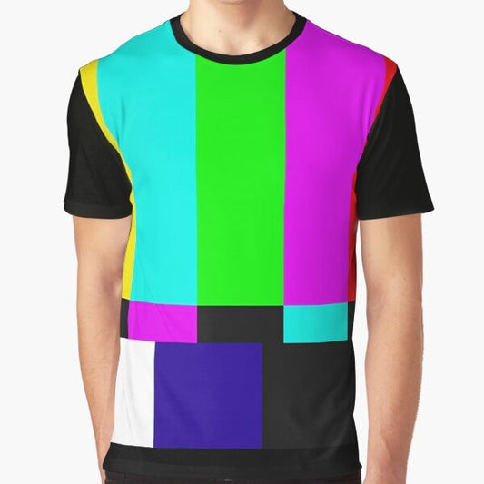 SMPTE color bars graphic design on a t-shirt, representing TV media culture