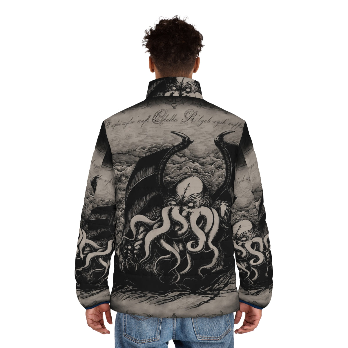 Lovecraft-inspired Cthulhu puffer jacket with vintage-style tentacle monster illustration - men back