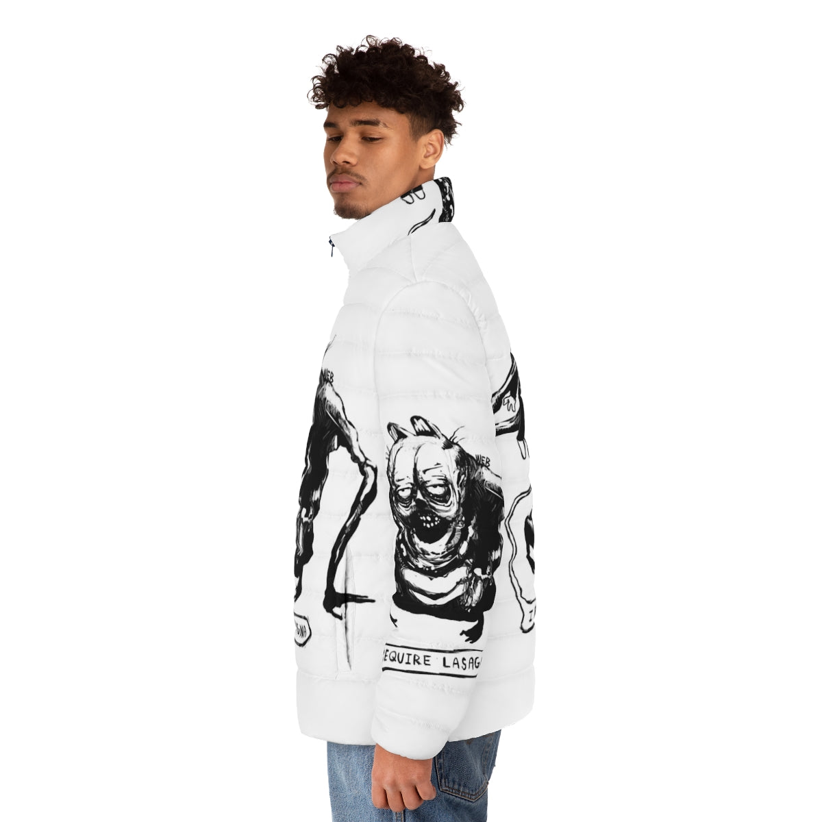 Spooky puffer jacket featuring an evil lasagna design - men side left