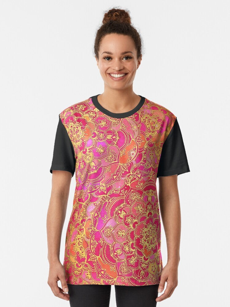 Hot pink and gold baroque floral pattern graphic t-shirt - Women