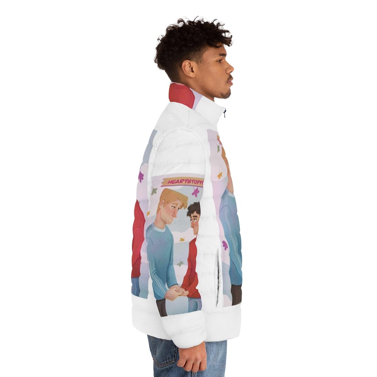 Heartstopper inspired puffer jacket featuring Charlie Spring and Nick Nelson character art - men side right