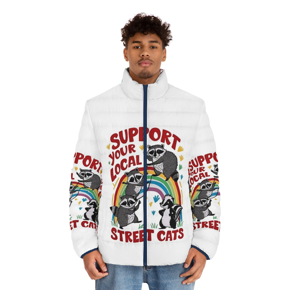 Retro-style puffer jacket with a graphic of street cats in a gang - men front