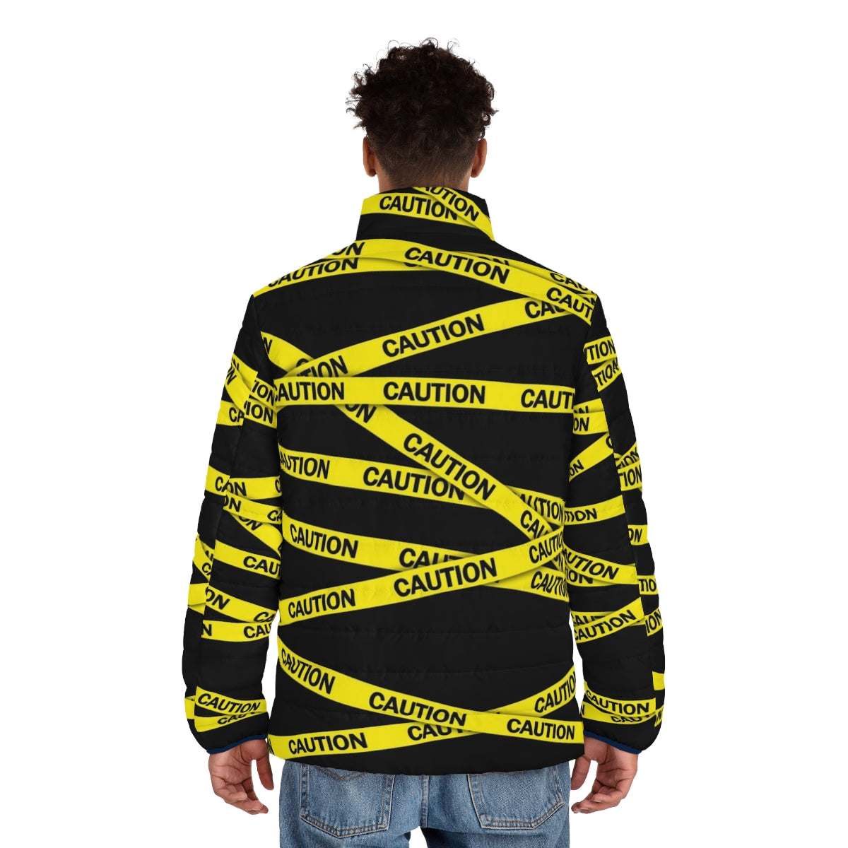 Caution tape puffer jacket with bold, high-visibility design - men back