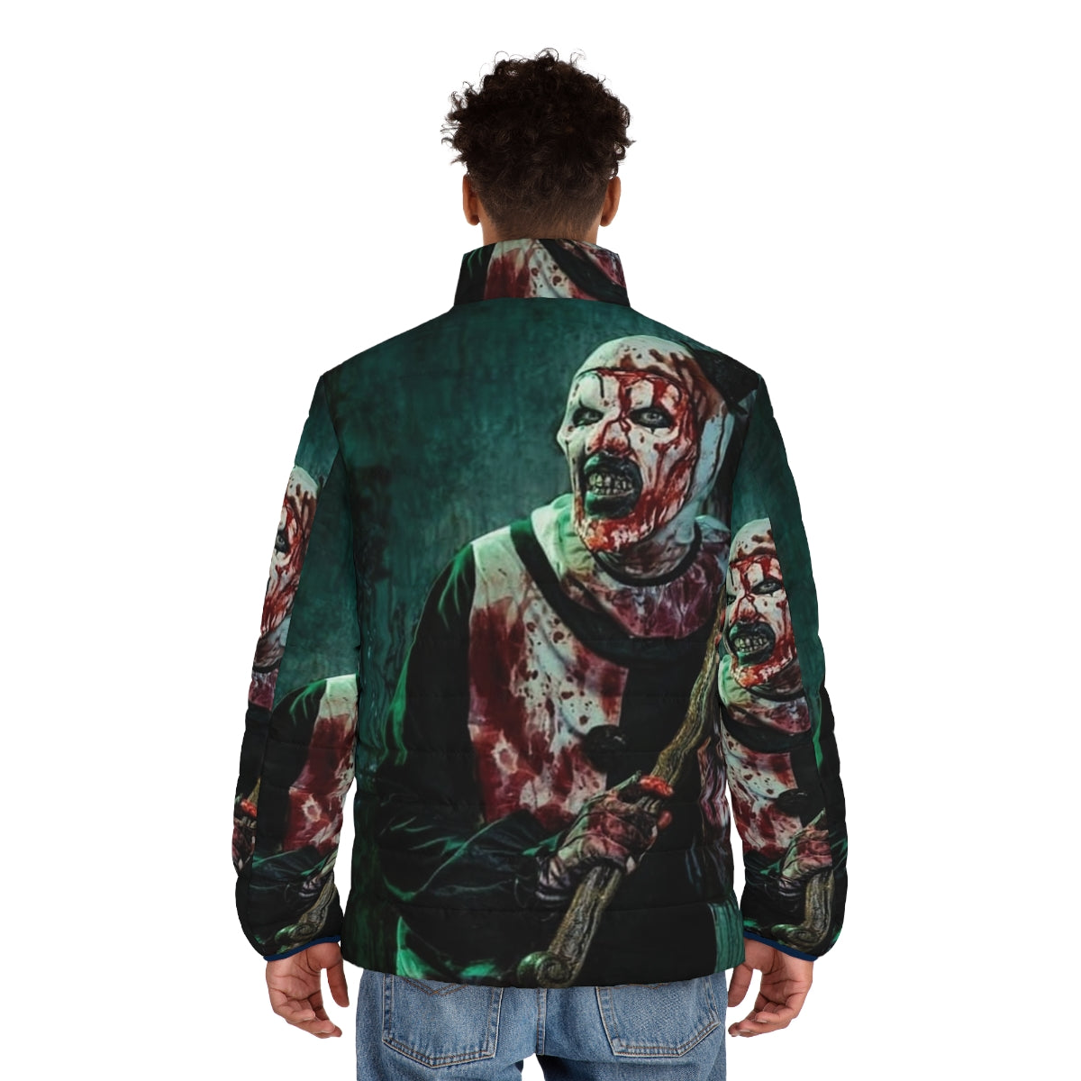 Terrifier 2 Art the Clown Puffer Jacket featuring the iconic horror movie villain - men back