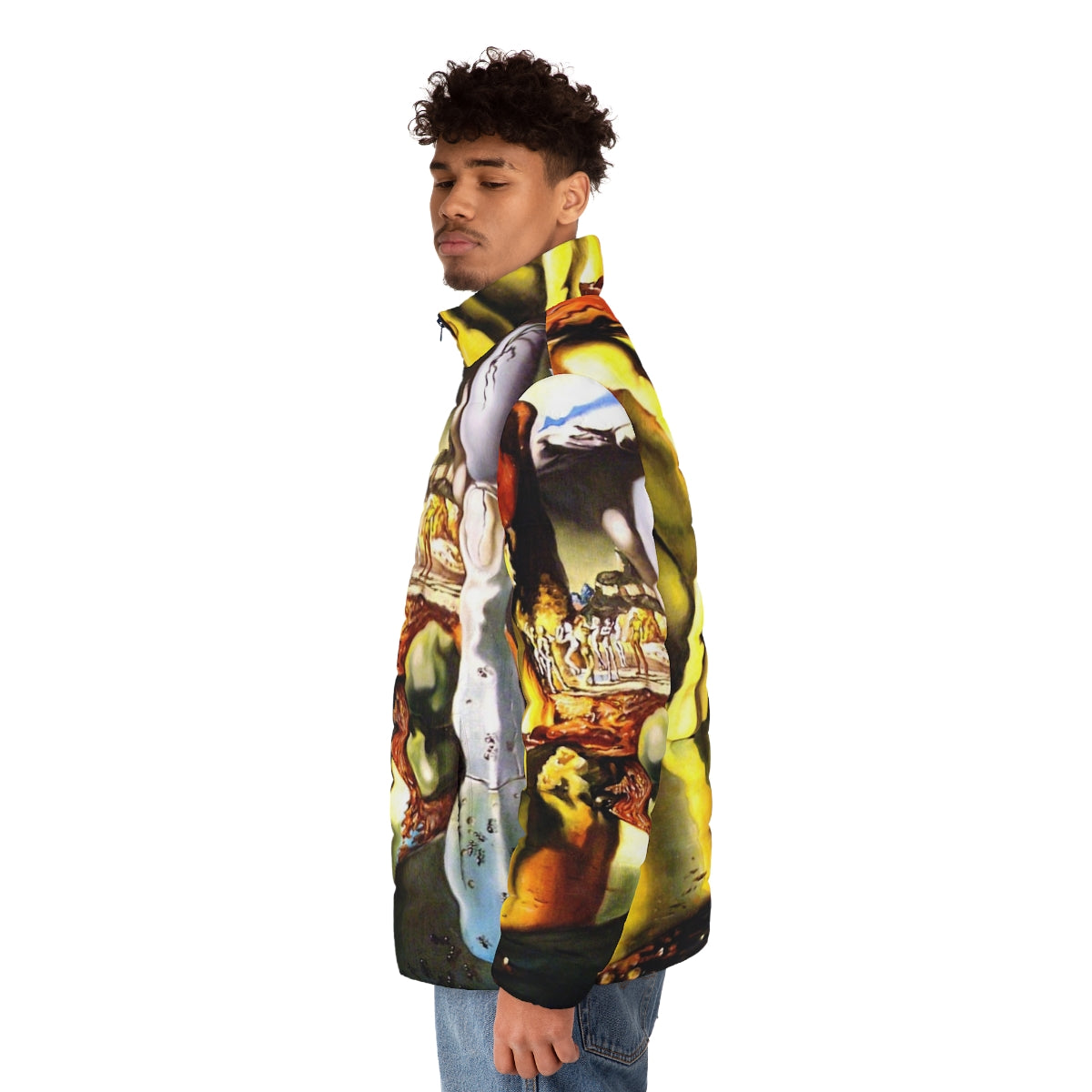 Puffer jacket featuring Salvador Dali's surrealist painting "Metamorphosis of Narcissus" - men side left