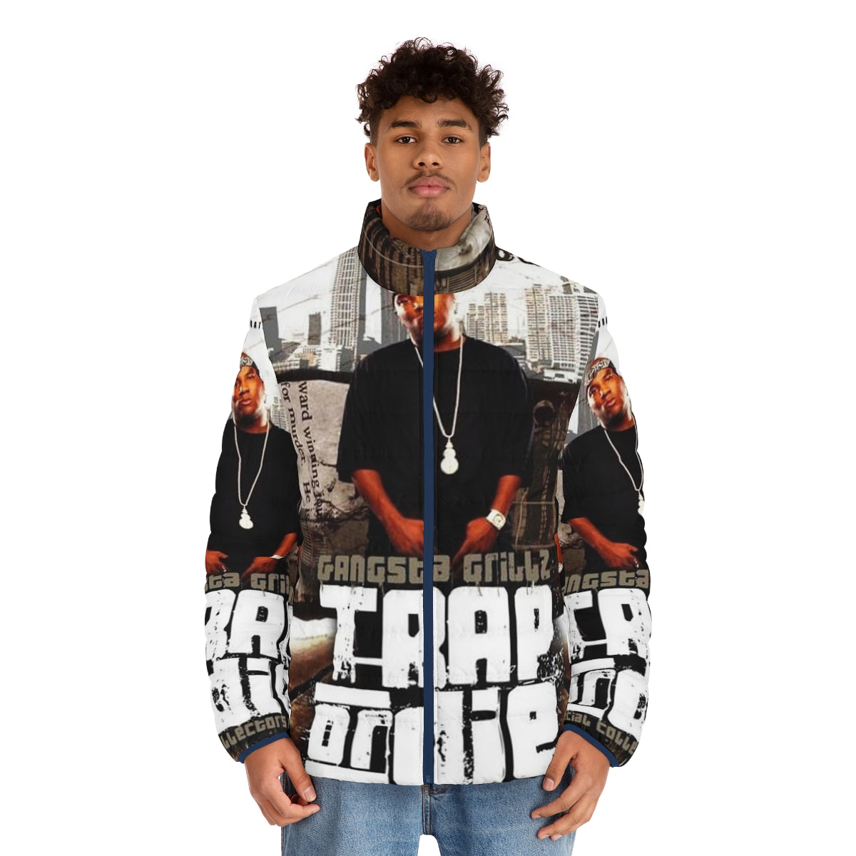 Trap music puffer jacket with vintage album cover design - men front